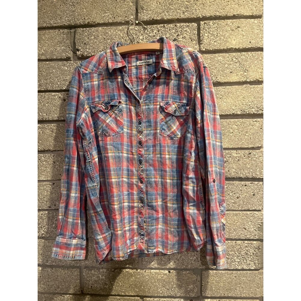 Orvis Mens Medium Red Blue Plaid Button-Down Long Sleeve Shirt Cotton Casual Wes